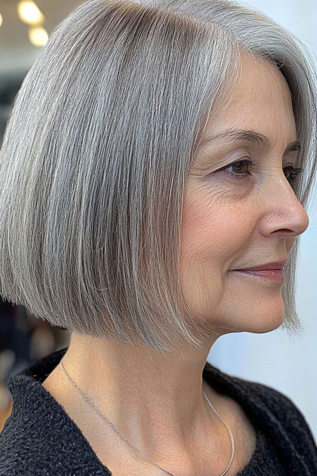 Rooted Silver Bob hairstyle for women over 60 - silver bob, side profile