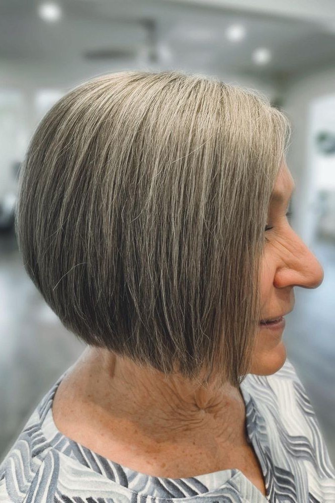 Inverted Silver Bob hairstyle for women over 60 - inverted silver bob, side profile
