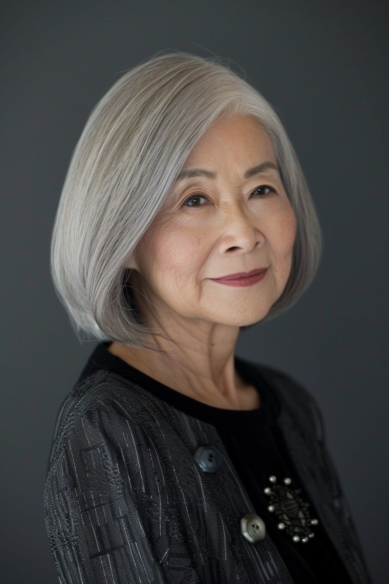 Natural Straight Silver Bob hairstyle for women over 60 - straight silver bob, front view