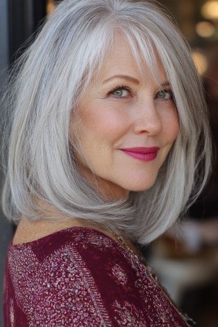 Straight Silver Lob hairstyle for women over 60 - straight silver lob, side view