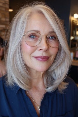 Polished White Bob With Glasses hairstyle for women over 60 - straight white bob with glasses, front view
