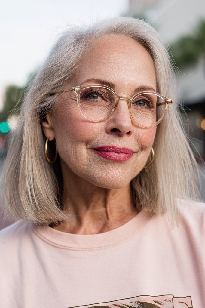 Sunlit White Bob With Glasses hairstyle for women over 60 - straight white bob with glasses, outdoor front view