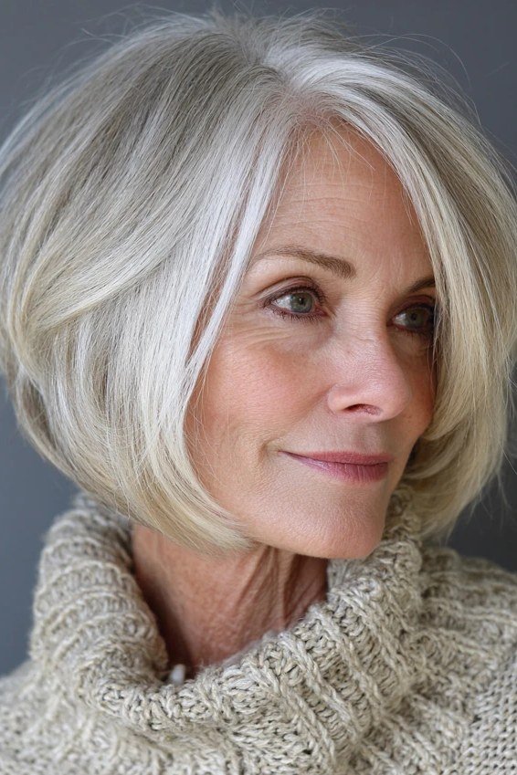 Rounded White Bob hairstyle for women over 60 - rounded white bob, three-quarter view