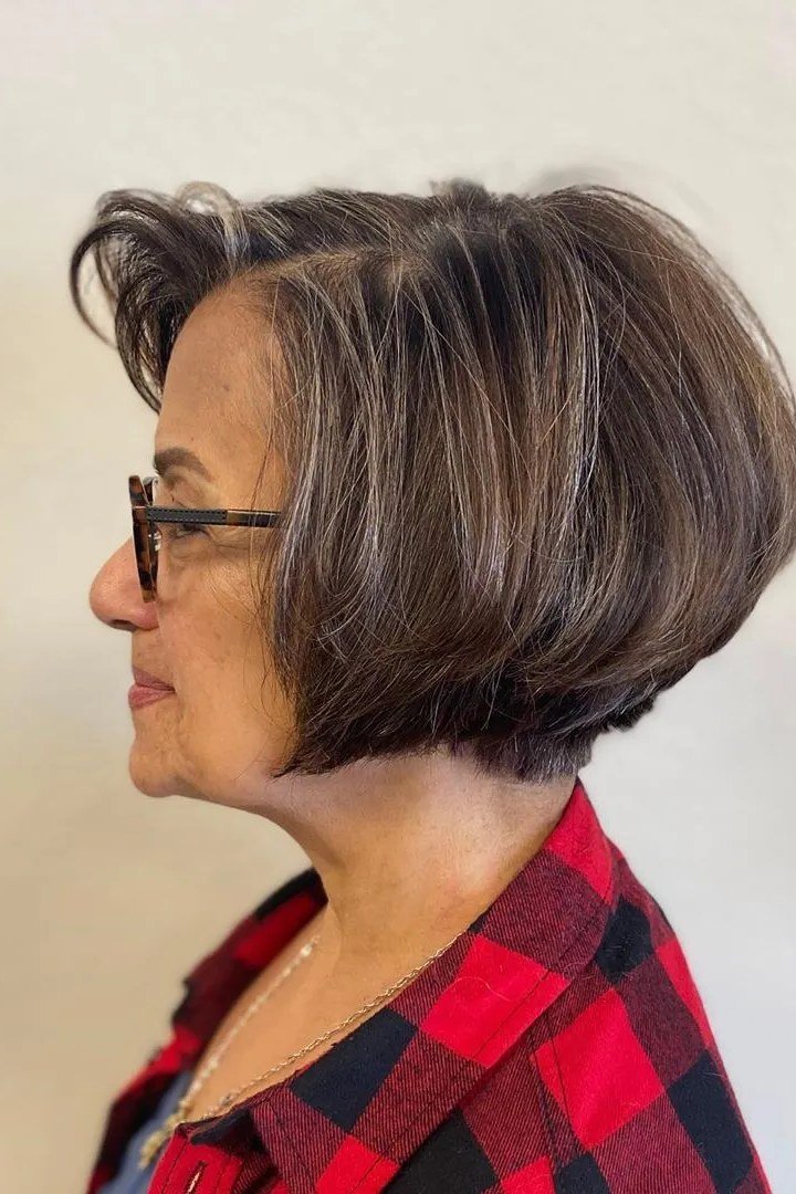 Brunette Bob With Glasses hairstyle for women over 60 - brunette bob with glasses, side profile