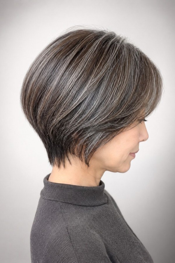 Inverted Salt-and-Pepper Bob hairstyle for women over 60 - inverted silver bob, side profile
