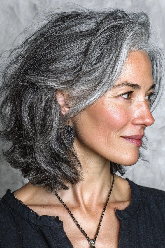 Soft Wavy Gray Bob hairstyle for women over 60 - wavy gray bob, side profile