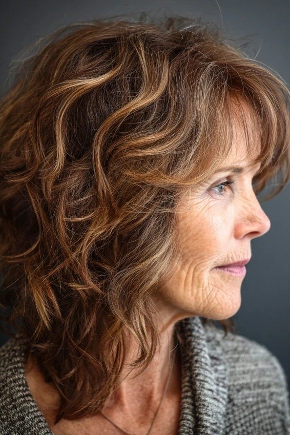 Brunette Wavy Medium Cut - medium-length haircut for women over 60 with fine hair