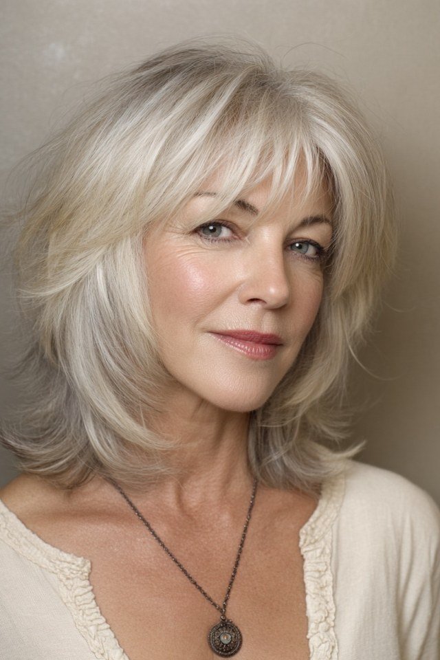 Blonde Layered Cut with Bangs - medium-length haircut for women over 60 with fine hair