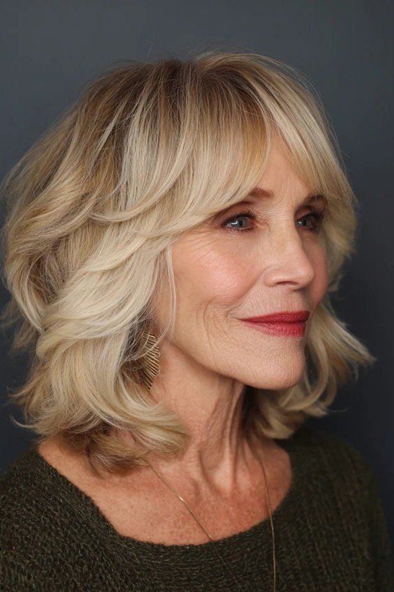 Blonde Wavy Medium Cut - medium-length haircut for women over 60 with fine hair