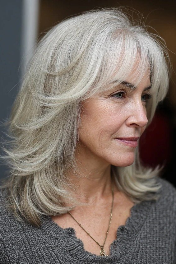 Silver Layered Medium Cut - medium-length haircut for women over 60 with fine hair