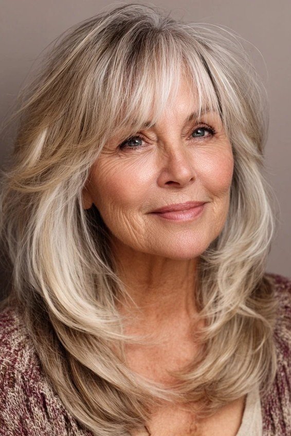 Blonde Cut with Wispy Bangs - medium-length haircut for women over 60 with fine hair