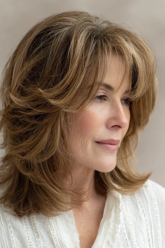 Brunette Cut with Layered Bangs - medium-length haircut for women over 60 with fine hair