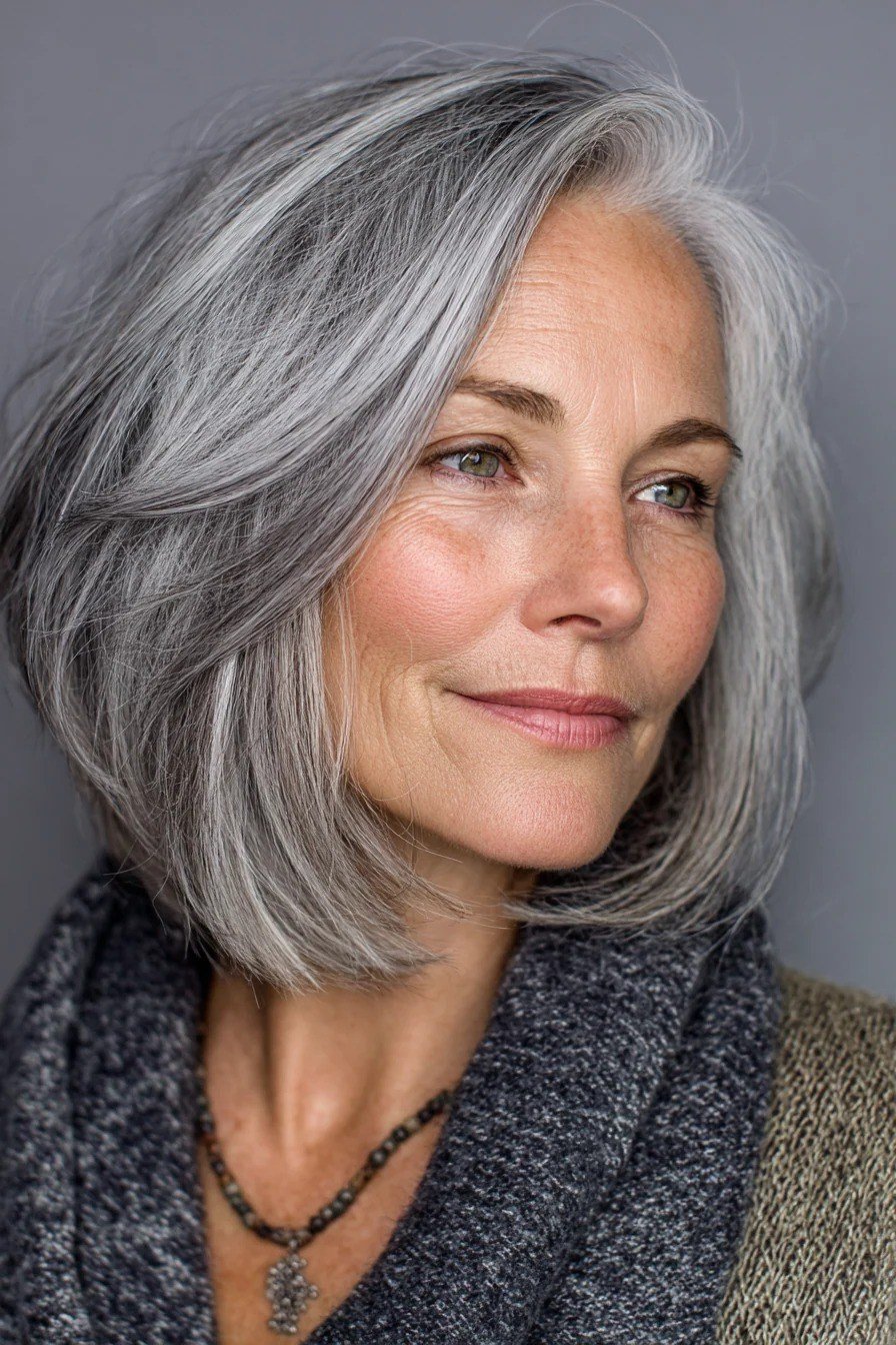 Silver Grey Bob - medium-length haircut for women over 60 with fine hair