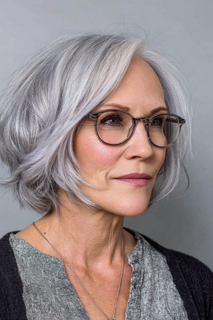 Silver Bob with Glasses - medium-length haircut for women over 60 with fine hair