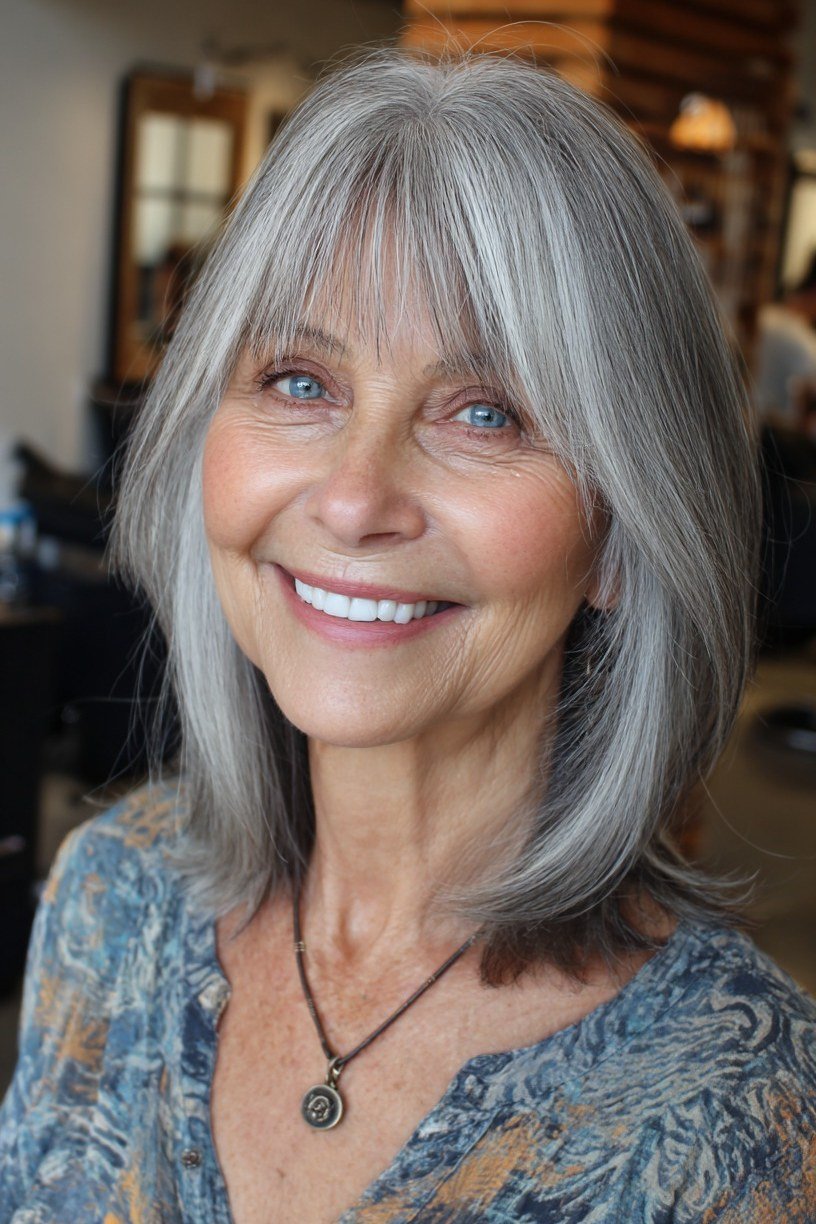 Silver Layered Cut - medium-length haircut for women over 60 with fine hair