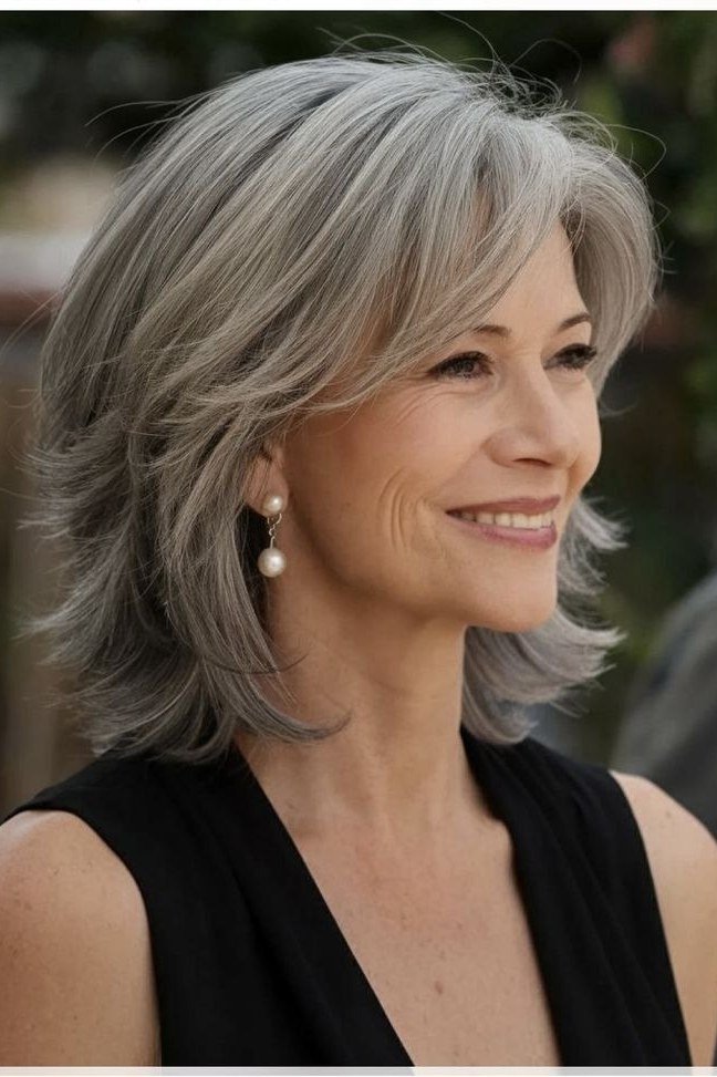 Silver Layered Side Cut - medium-length haircut for women over 60 with fine hair