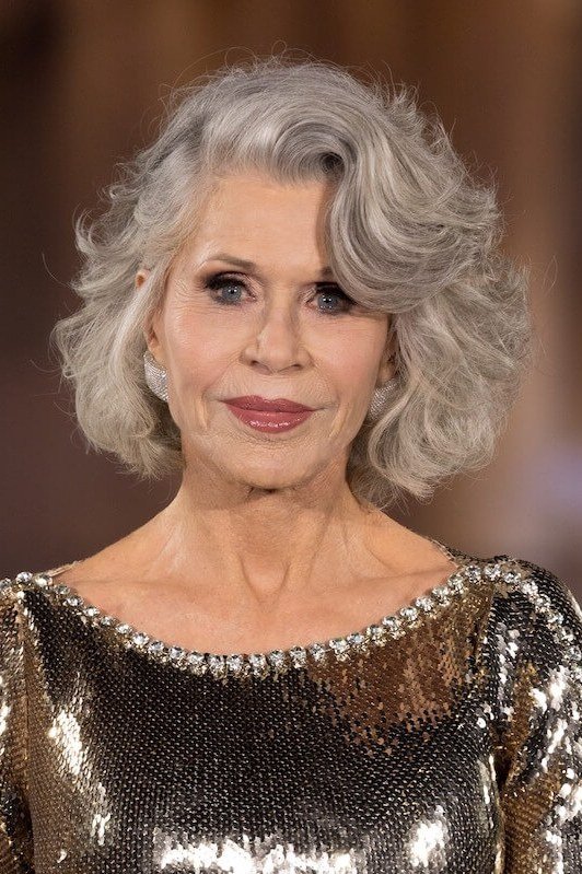 Silver Curly Bob - medium-length haircut for women over 60 with fine hair