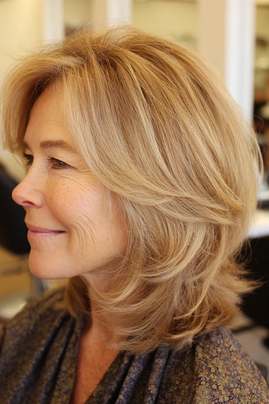 Honey Blonde Layered Cut - medium-length haircut for women over 60 with fine hair