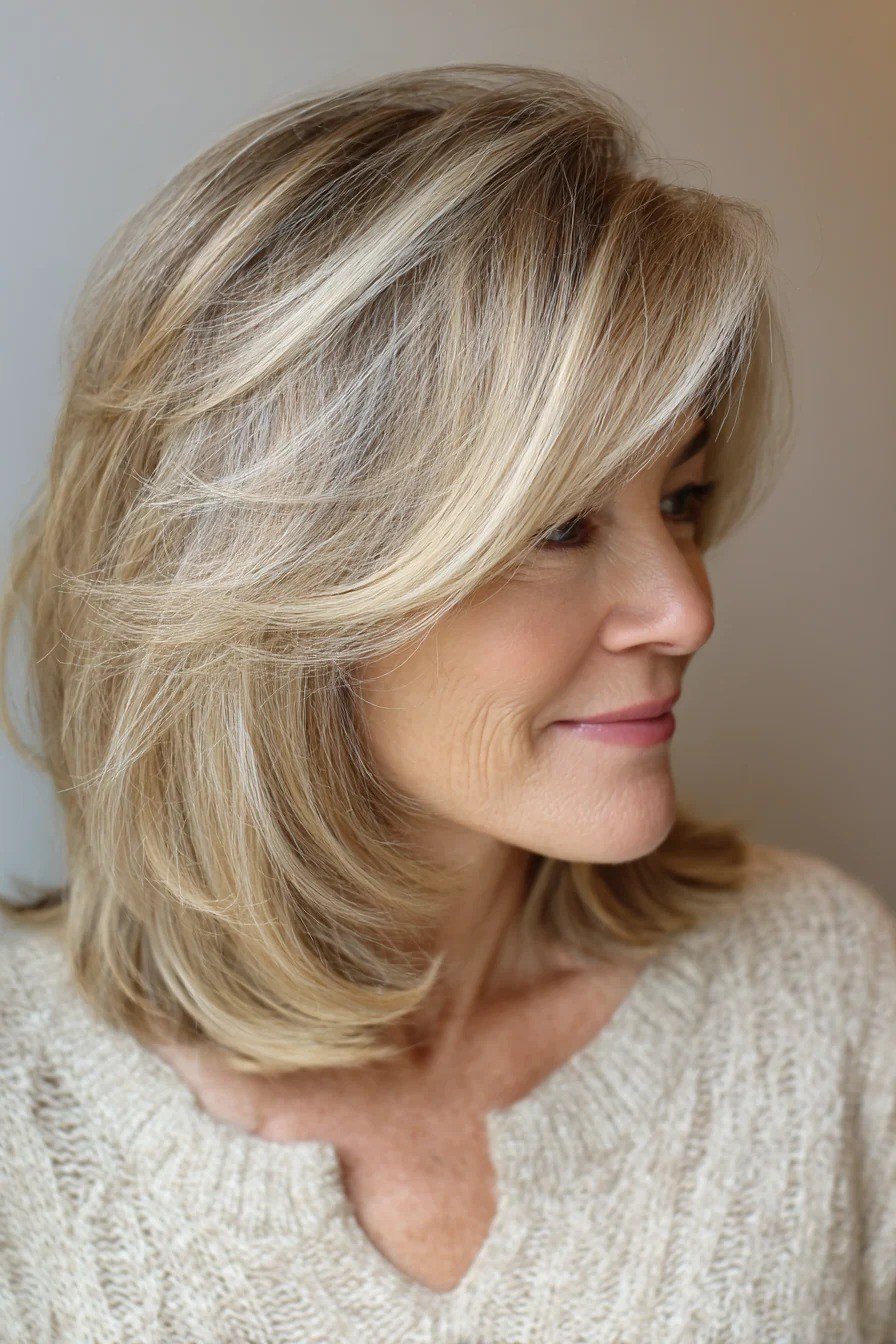 Blonde Feathered Layers - medium-length haircut for women over 60 with fine hair