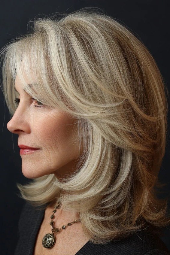 Blonde Flowing Layers - medium-length haircut for women over 60 with fine hair