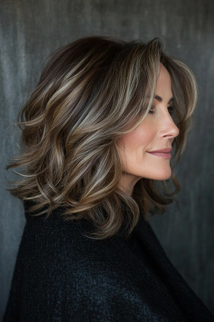 Dark Ash Wavy Cut - medium-length haircut for women over 60 with fine hair