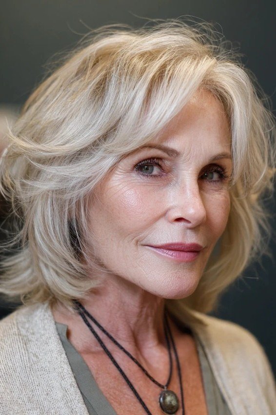 Silver Layered Side Cut - medium-length haircut for women over 60 with fine hair