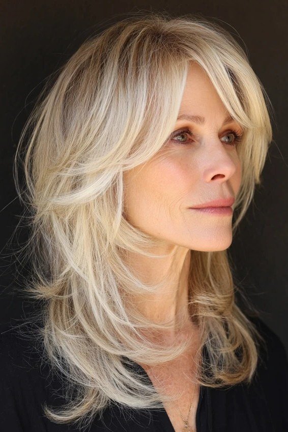 Blonde White Layered Cut - medium-length haircut for women over 60 with fine hair