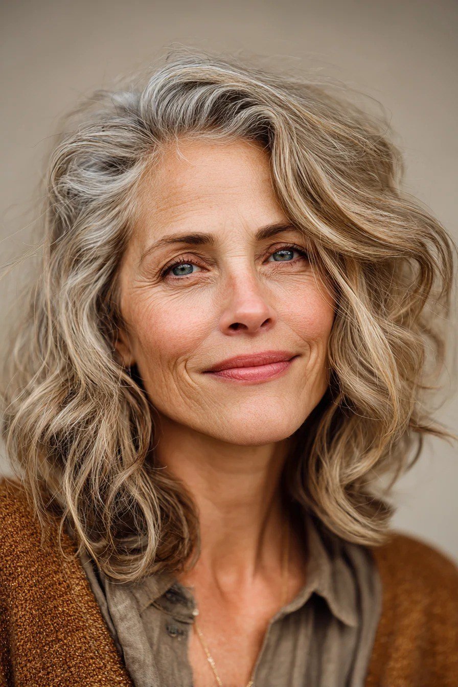 Silver Curly Medium Cut - medium-length haircut for women over 60 with fine hair