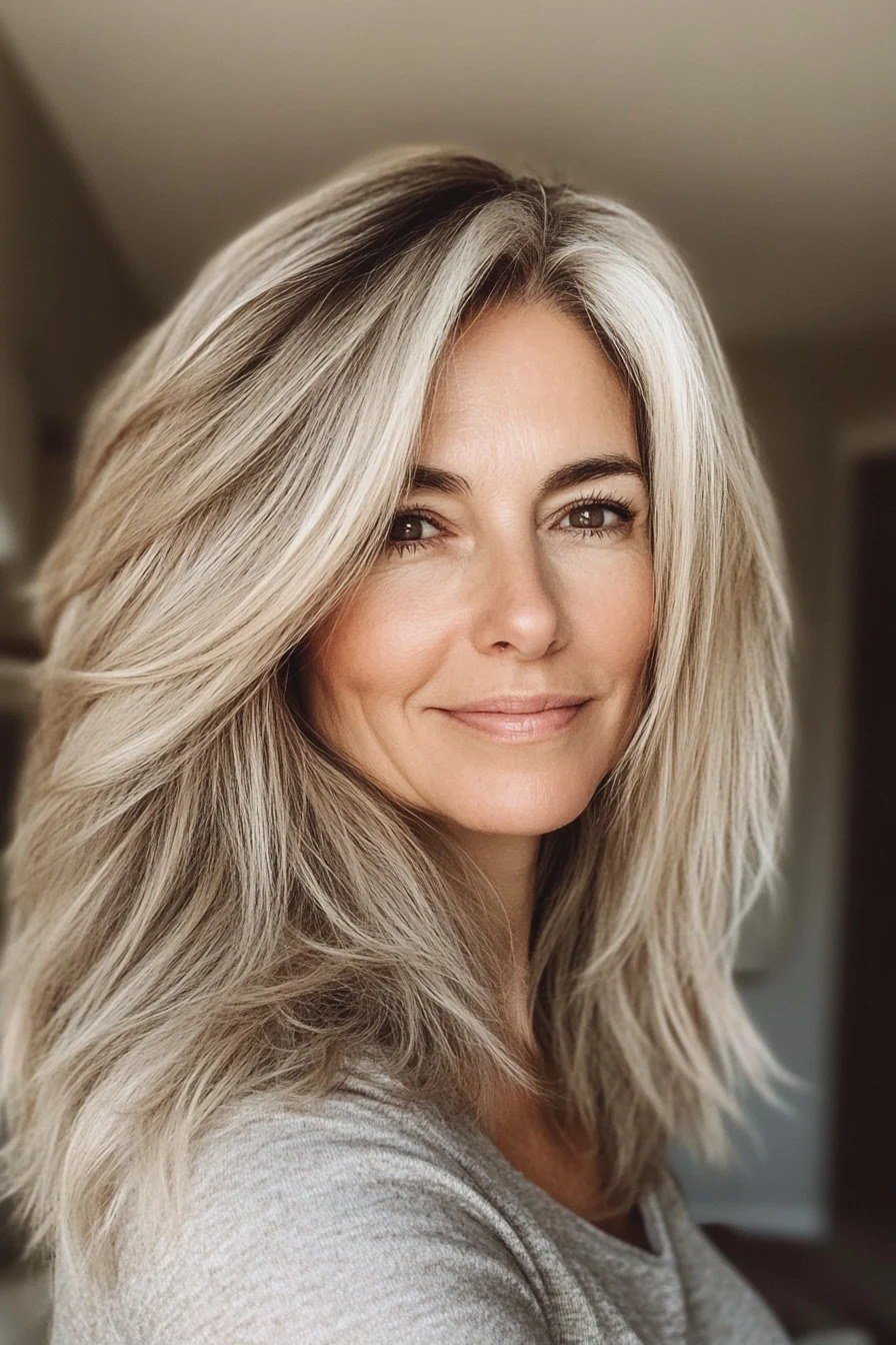 Silver Blonde Layered Cut - medium-length haircut for women over 60 with fine hair