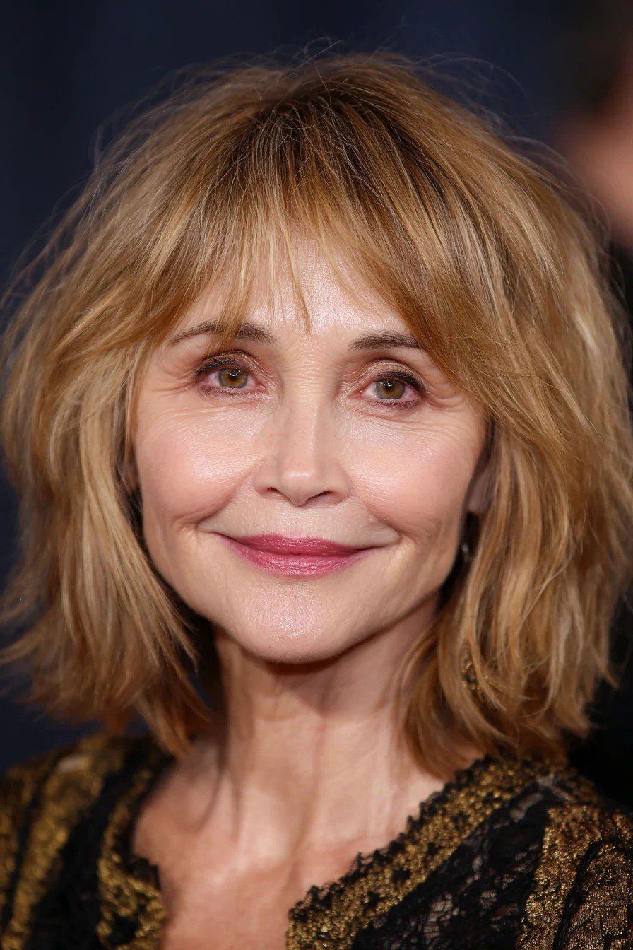 Auburn Cut with Bangs - medium-length haircut for women over 60 with fine hair