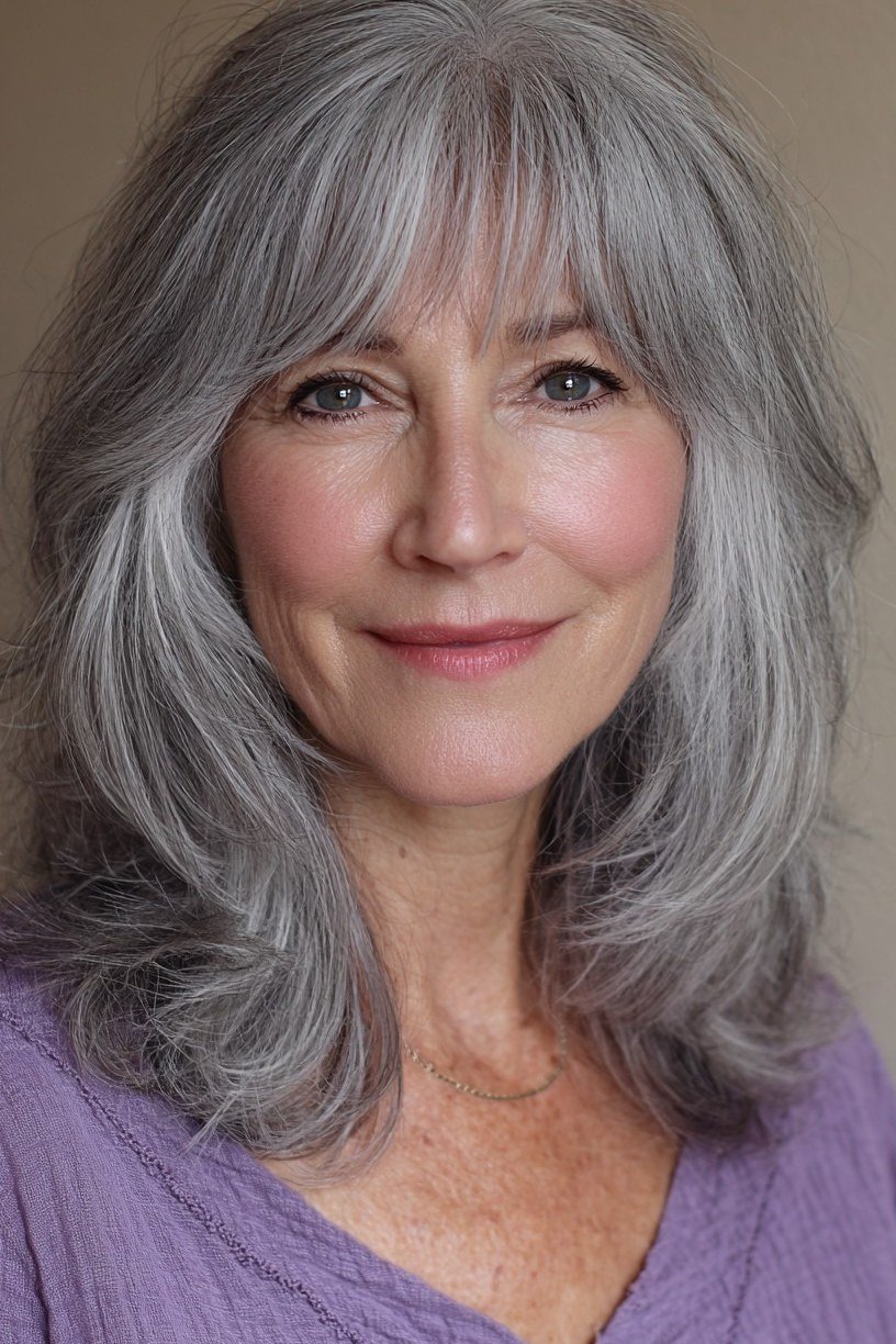 Silver Layered Cut - medium-length haircut for women over 60 with fine hair