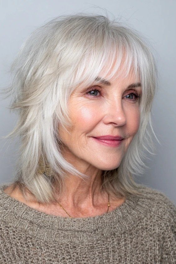 White Cut with Bangs - medium-length haircut for women over 60 with fine hair