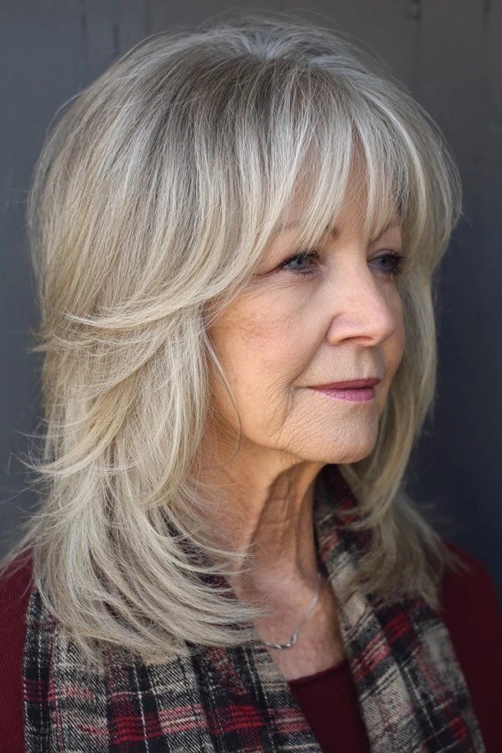 Blonde White Layered Cut - medium-length haircut for women over 60 with fine hair