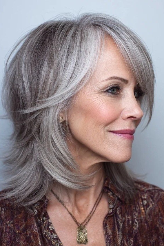 Silver gray feathered layered medium haircut for women over 60