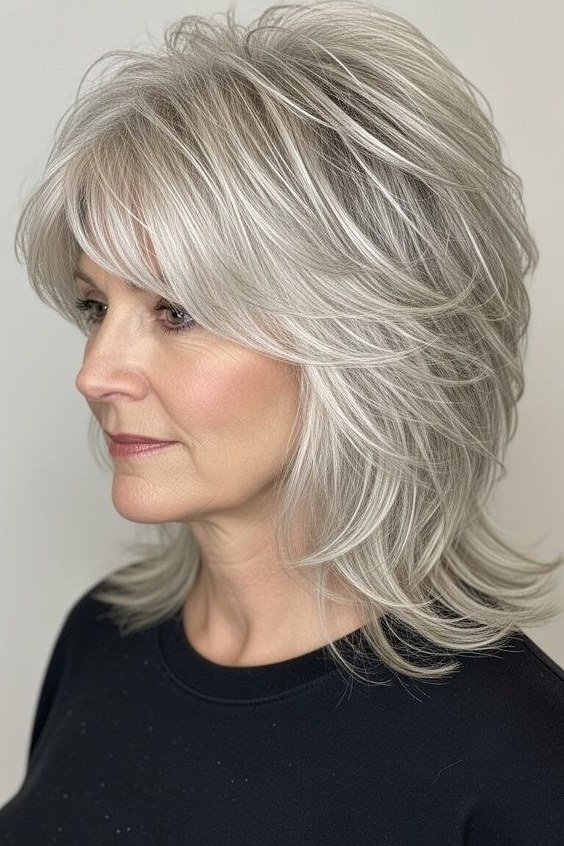 White layered shag haircut for women over 60