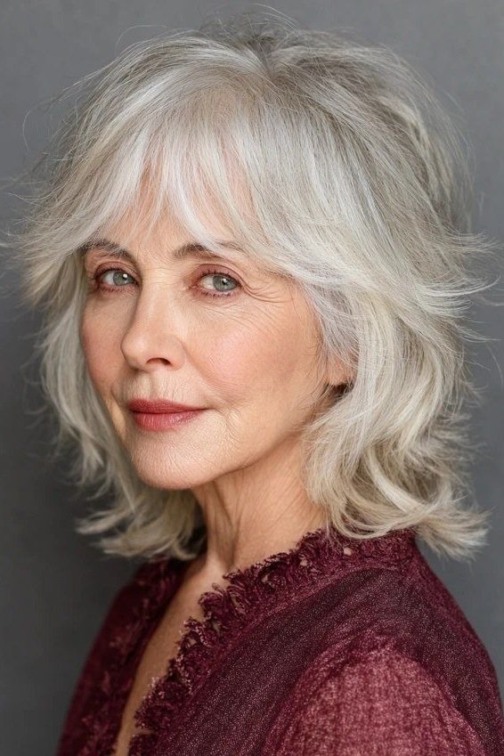 Soft white wavy layered medium hairstyle for older women