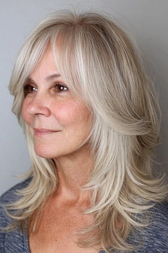 Long silver blonde layered medium haircut for women over 60