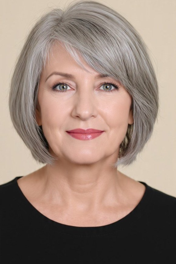 Polished silver layered bob haircut for older women
