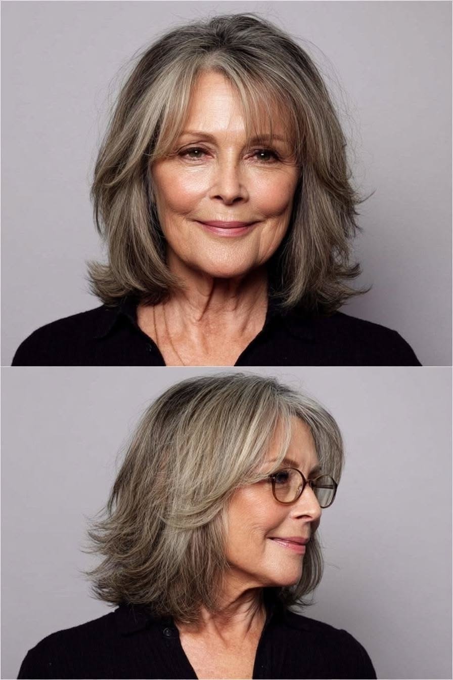 Gray layered bob shown from front and side for women over 60