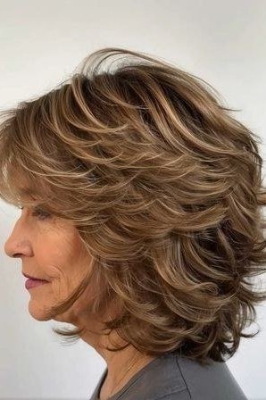 Brunette layered shag haircut for older women