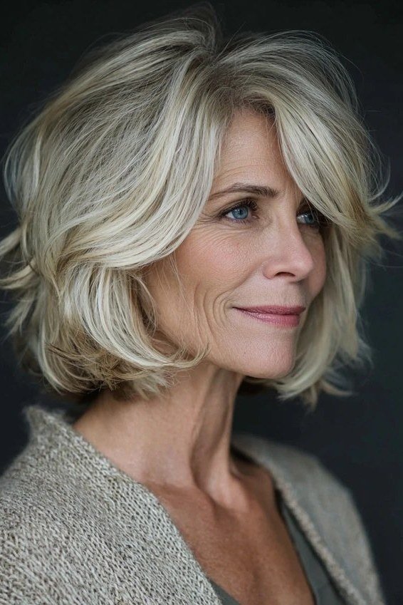 Blonde wavy layered lob haircut for women over 60