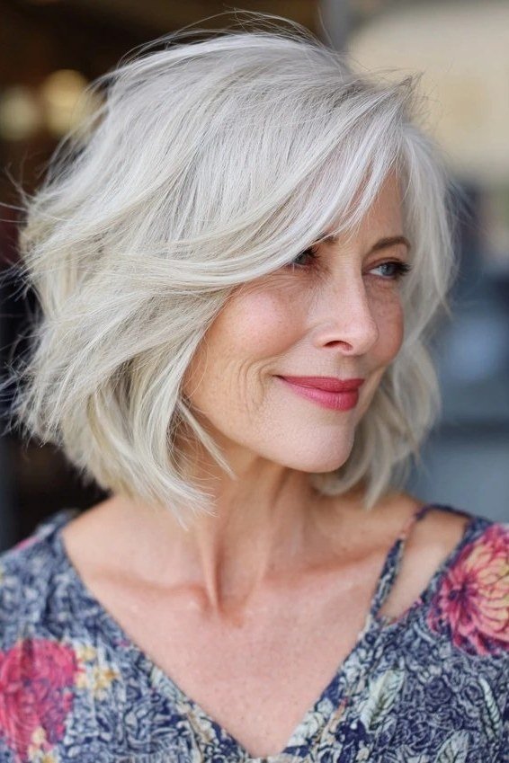 Crisp white layered bob haircut for women over 60
