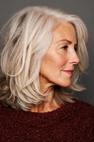 Silver blonde wavy layered bob for women over 60