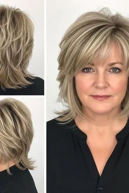 Blonde layered shag shown from multiple angles for women over 60