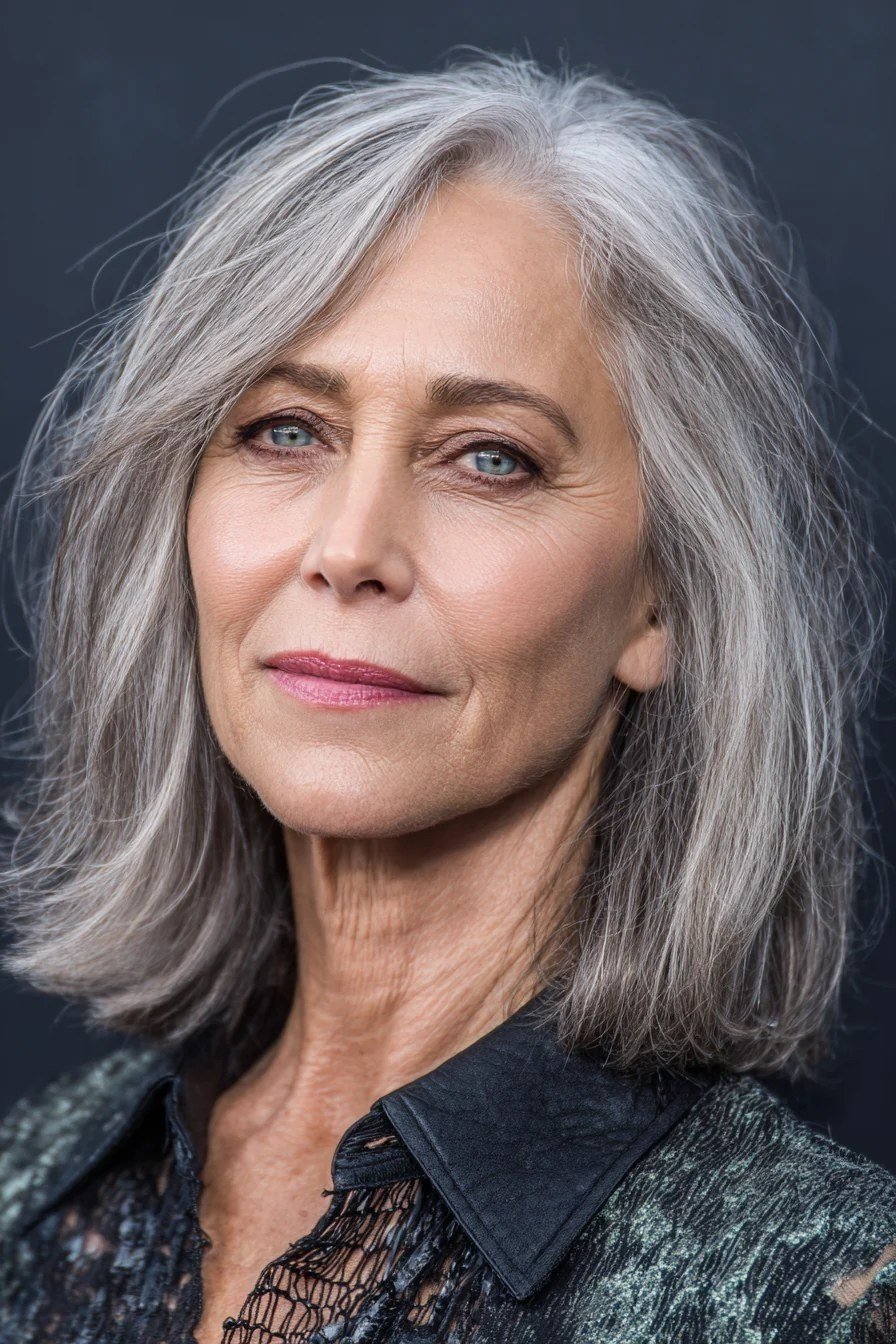 Silver smooth layered bob haircut for older women