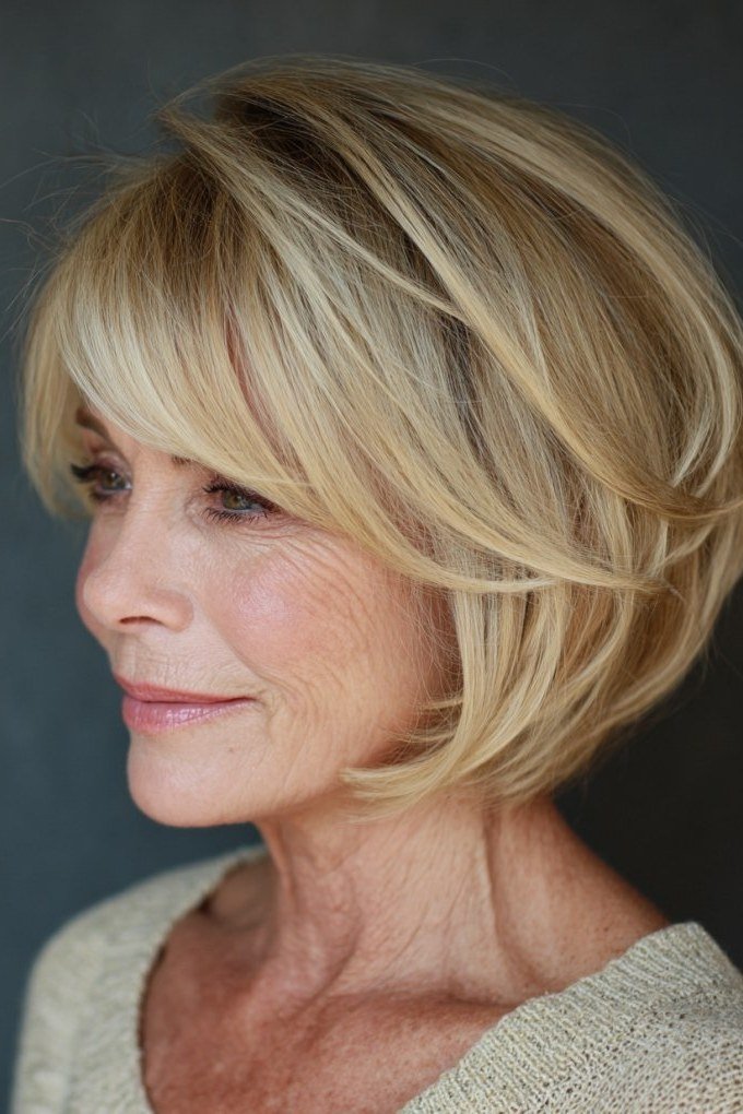 Blonde bob with side bangs for women over 60