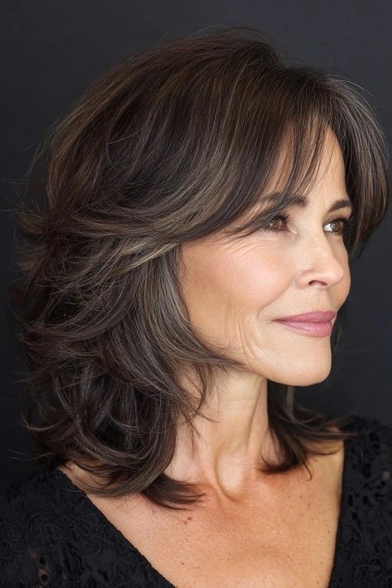 Dark brown wavy layered medium hair for women over 60