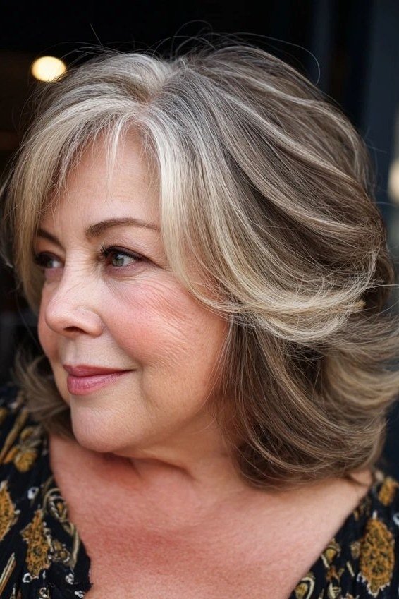 Highlighted brunette layered bob for women over 60