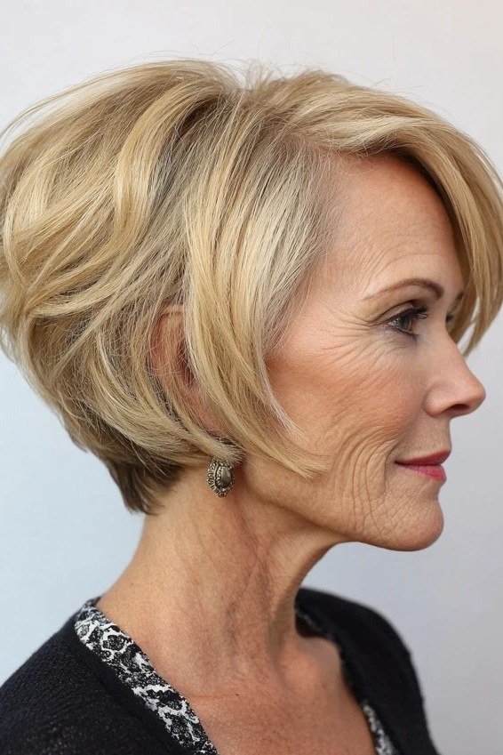 Buttery blonde layered bob haircut for older women