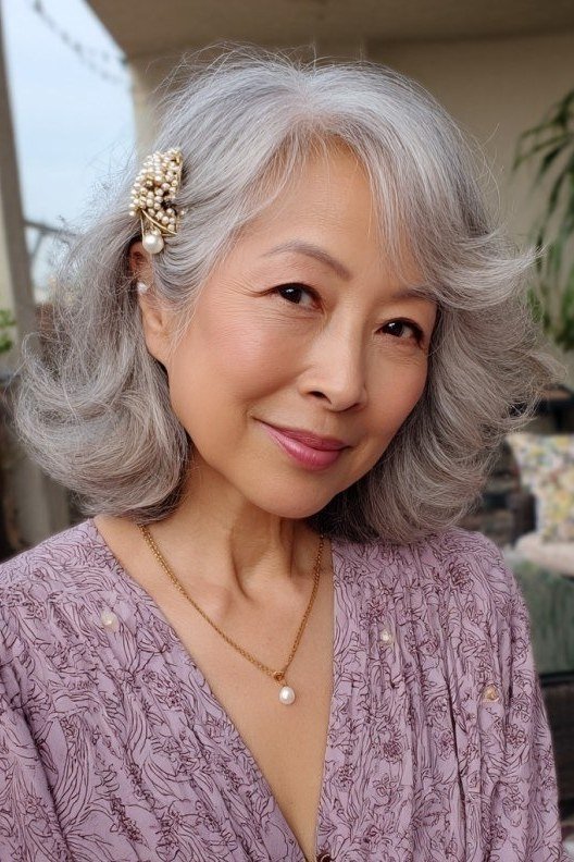 Silver curly bob with hair clip for older women